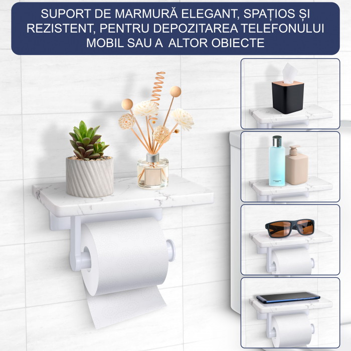 Suport Rola Hartie Igienica FizioTab® din Metal cu Raft din Marmura pentru Depozitare Telefon, Servetele sau alte Accesorii, Alb/Alb [2]