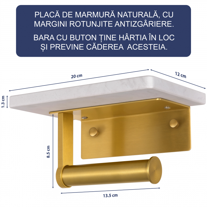 Suport Rola Hartie Igienica FizioTab® din Metal cu Raft din Marmura pentru Depozitare Telefon, Servetele sau alte Accesorii, Alb/Auriu [4]