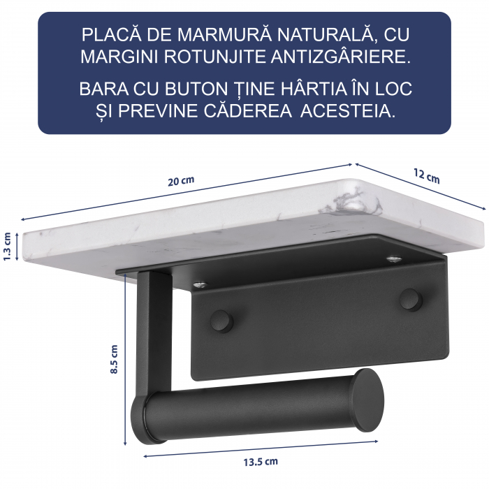 Suport Rola Hartie Igienica FizioTab® din Metal cu Raft din Marmura pentru Depozitare Telefon, Servetele sau alte Accesorii, Alb/Gri [4]
