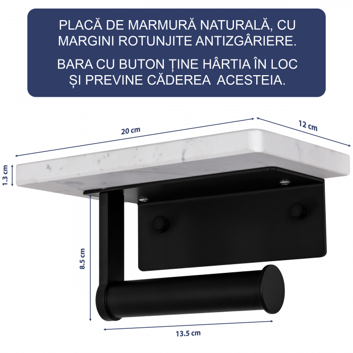Suport Rola Hartie Igienica FizioTab® din Metal cu Raft din Marmura pentru Depozitare Telefon, Servetele sau alte Accesorii, Alb/Negru [4]