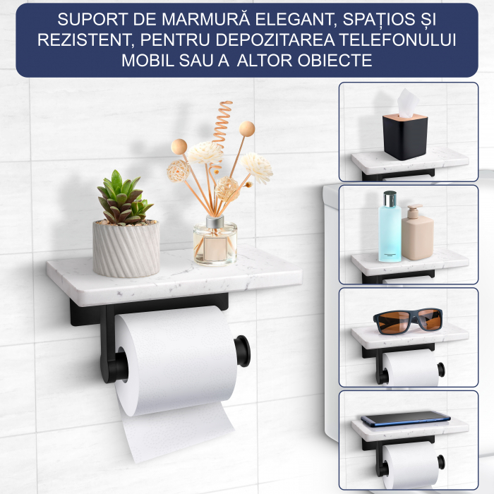 Suport Rola Hartie Igienica FizioTab® din Metal cu Raft din Marmura pentru Depozitare Telefon, Servetele sau alte Accesorii, Alb/Negru [2]