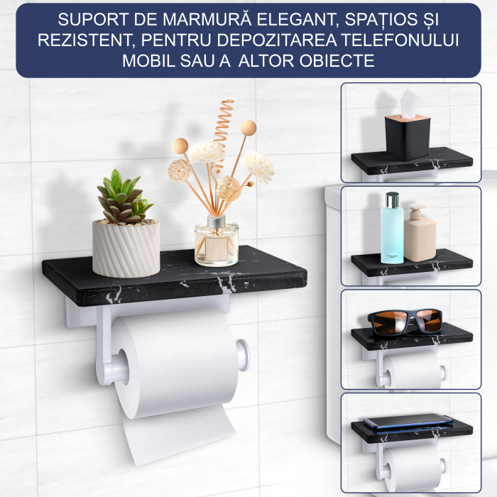 Suport Rola Hartie Igienica FizioTab® din Metal cu Raft din Marmura pentru Depozitare Telefon, Servetele sau alte Accesorii, Negru/Alb [2]