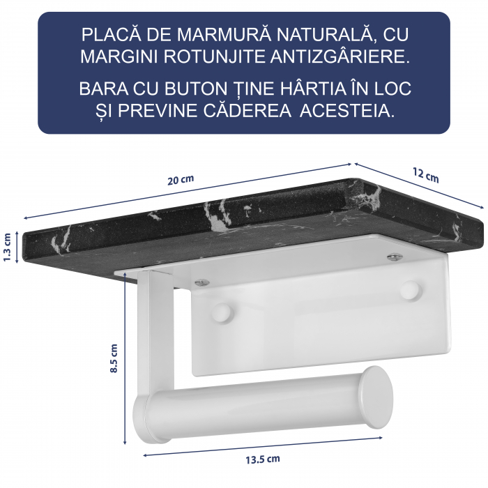 Suport Rola Hartie Igienica FizioTab® din Metal cu Raft din Marmura pentru Depozitare Telefon, Servetele sau alte Accesorii, Negru/Alb [3]