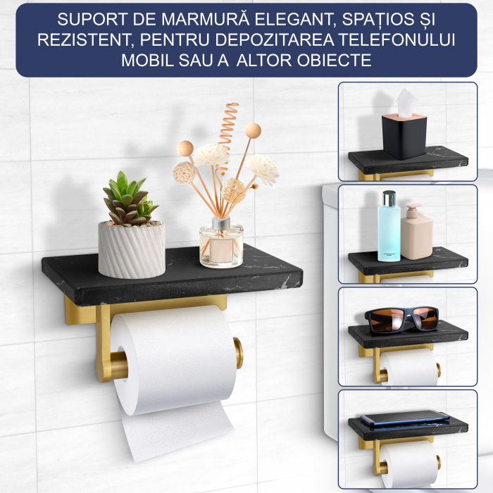 Suport Rola Hartie Igienica FizioTab® din Metal cu Raft din Marmura pentru Depozitare Telefon, Servetele sau alte Accesorii, Negru/Auriu [2]