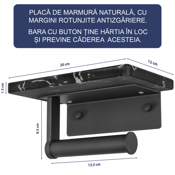 Suport Rola Hartie Igienica FizioTab® din Metal cu Raft din Marmura pentru Depozitare Telefon, Servetele sau alte Accesorii, Negru/Gri [3]