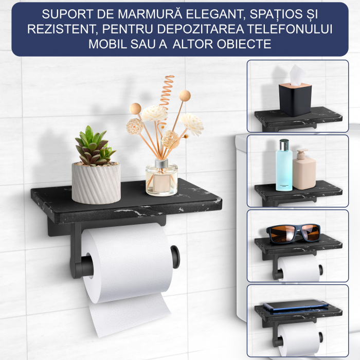 Suport Rola Hartie Igienica FizioTab® din Metal cu Raft din Marmura pentru Depozitare Telefon, Servetele sau alte Accesorii, Negru/Gri [2]