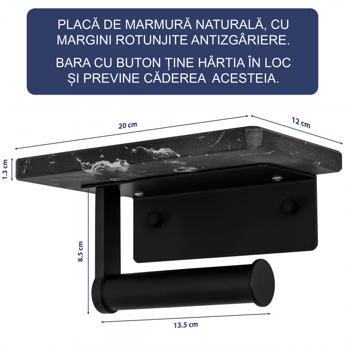 Suport Rola Hartie Igienica FizioTab® din Metal cu Raft din Marmura pentru Depozitare Telefon, Servetele sau alte Accesorii, Negru/Negru [3]