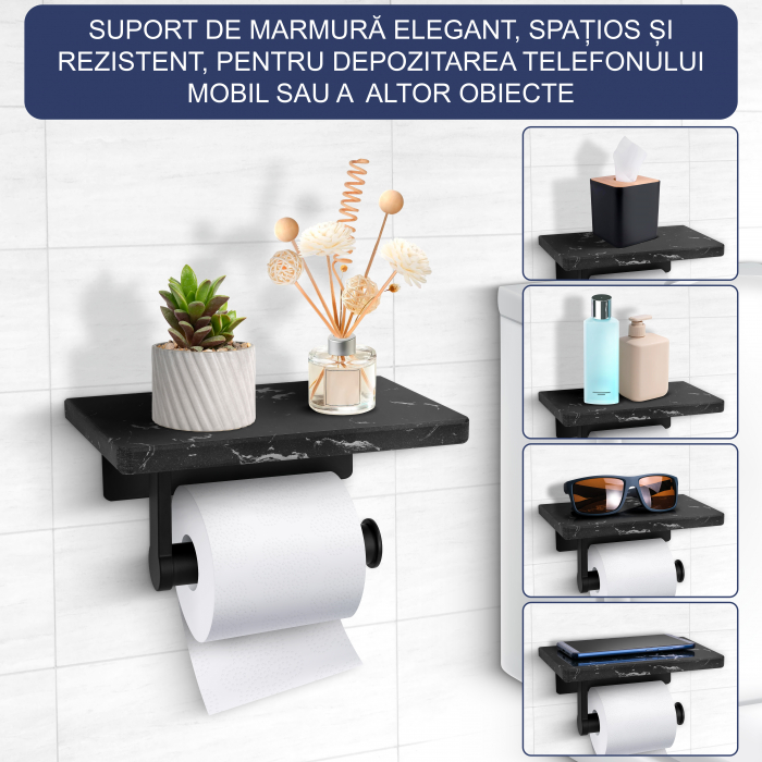 Suport Rola Hartie Igienica FizioTab® din Metal cu Raft din Marmura pentru Depozitare Telefon, Servetele sau alte Accesorii, Negru/Negru [2]