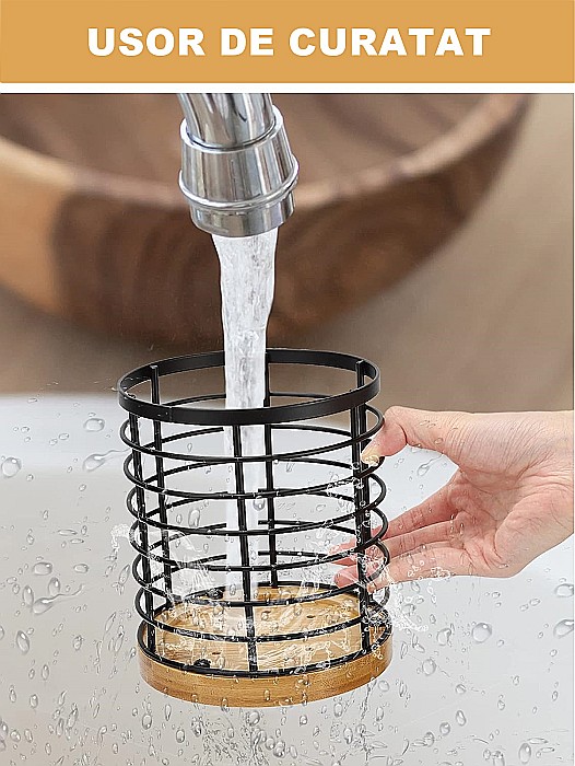 Suport Rotund FizioTab® pentru Tacamuri si Ustensile de Bucatarie, din Metal si Fibra de Bambus, 13x15 cm [10]