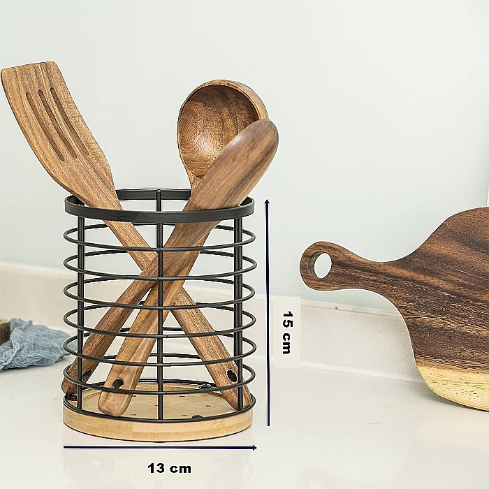 Suport Rotund FizioTab® pentru Tacamuri si Ustensile de Bucatarie, din Metal si Fibra de Bambus, 13x15 cm [6]