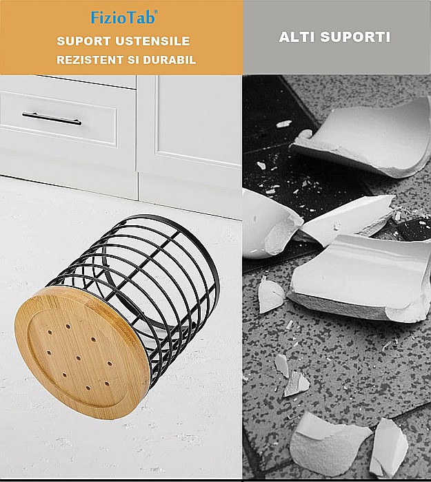 Suport Rotund FizioTab® pentru Tacamuri si Ustensile de Bucatarie, din Metal si Fibra de Bambus, 13x15 cm [4]