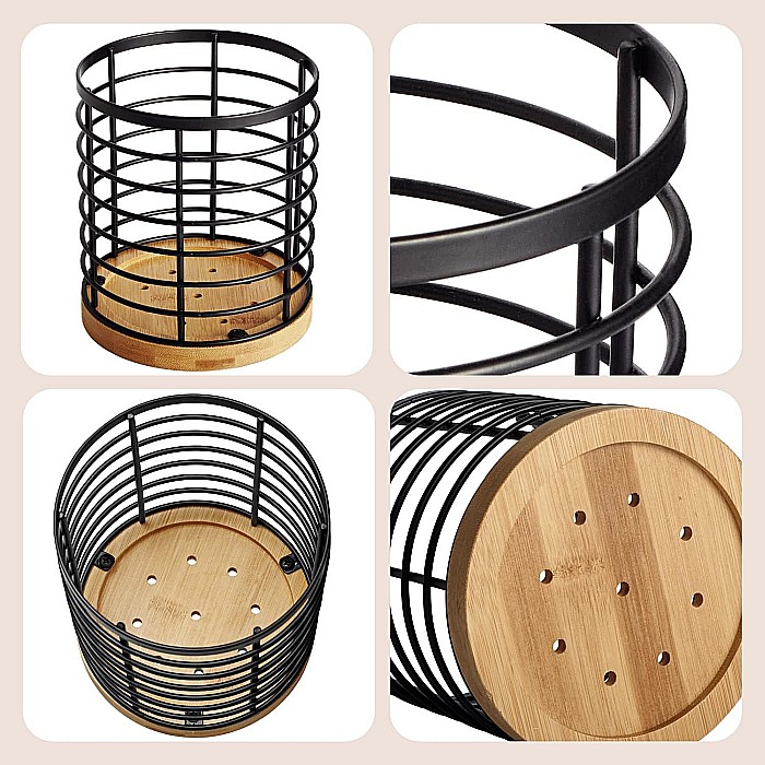 Suport Rotund FizioTab® pentru Tacamuri si Ustensile de Bucatarie, din Metal si Fibra de Bambus, 13x15 cm [7]