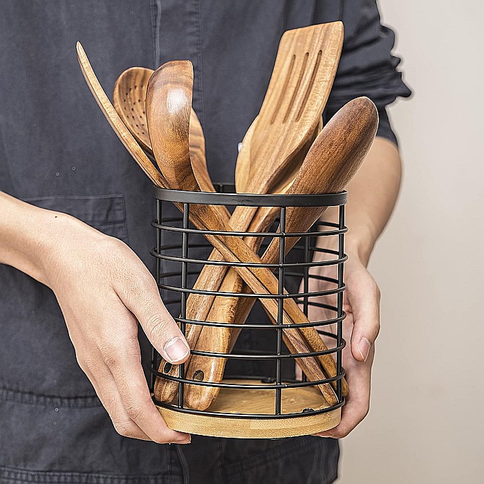 Suport Rotund FizioTab® pentru Tacamuri si Ustensile de Bucatarie, din Metal si Fibra de Bambus, 13x15 cm [9]