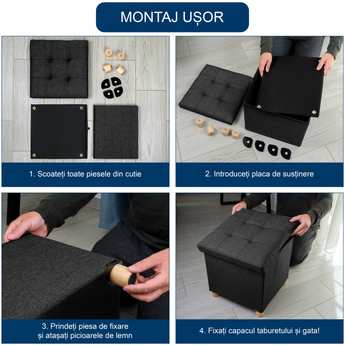 Taburet Pliabil cu Spatiu de Depozitare, FizioTab®, cu Picioare din Lemn Masiv, Cub 38X38X34 cm, Negru [5]
