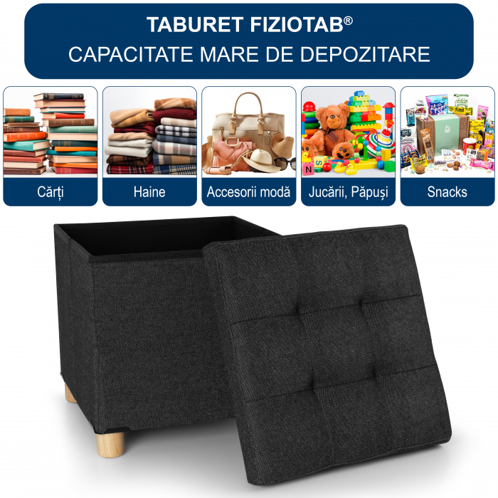 Taburet Pliabil cu Spatiu de Depozitare, FizioTab®, cu Picioare din Lemn Masiv, Cub 38X38X34 cm, Negru [2]