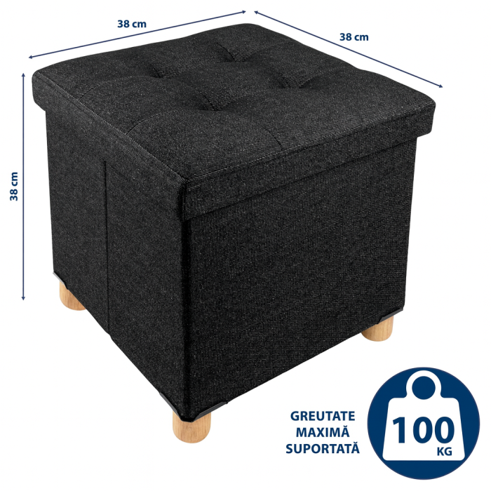 Taburet Pliabil cu Spatiu de Depozitare, FizioTab®, cu Picioare din Lemn Masiv, Cub 38X38X34 cm, Negru [6]