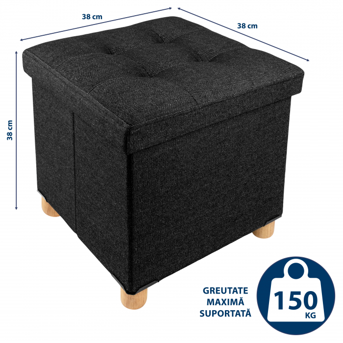 Taburet Pliabil cu Spatiu de Depozitare, FizioTab®, cu Picioare din Lemn Masiv, Cub 38X38X34 cm, Negru [4]