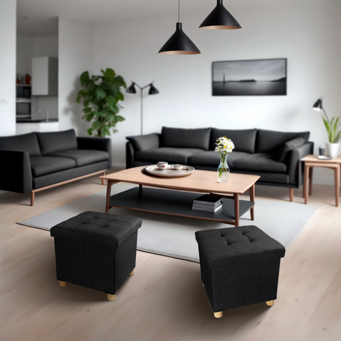 Taburet Pliabil cu Spatiu de Depozitare, FizioTab®, cu Picioare din Lemn Masiv, Cub 38X38X34 cm, Negru [3]
