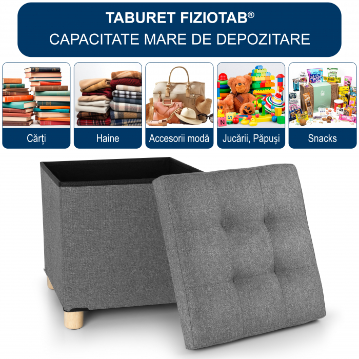 Taburet Pliabil cu Spatiu de Depozitare, FizioTab®, cu Picioare din Lemn Masiv, Cub 38X38X38 cm, Gri [2]