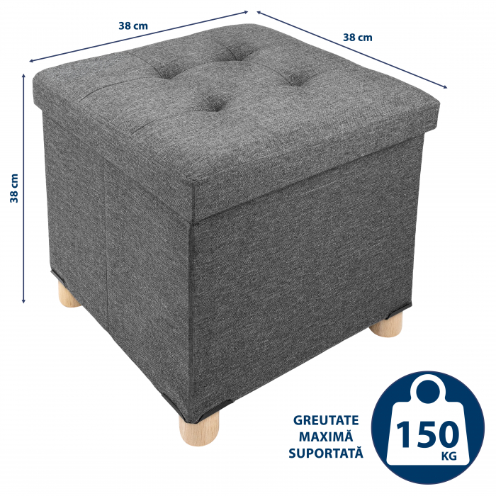 Taburet Pliabil cu Spatiu de Depozitare, FizioTab®, cu Picioare din Lemn Masiv, Cub 38X38X38 cm, Gri [4]