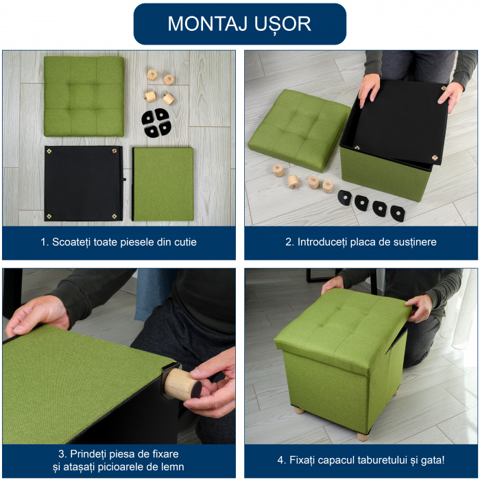 Taburet Pliabil cu Spatiu de Depozitare, FizioTab®, cu Picioare din Lemn Masiv, Cub 38X38X34, Verde [4]