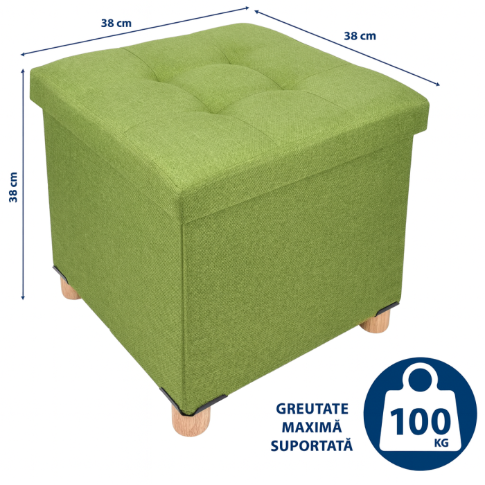 Taburet Pliabil cu Spatiu de Depozitare, FizioTab®, cu Picioare din Lemn Masiv, Cub 38X38X34, Verde [5]