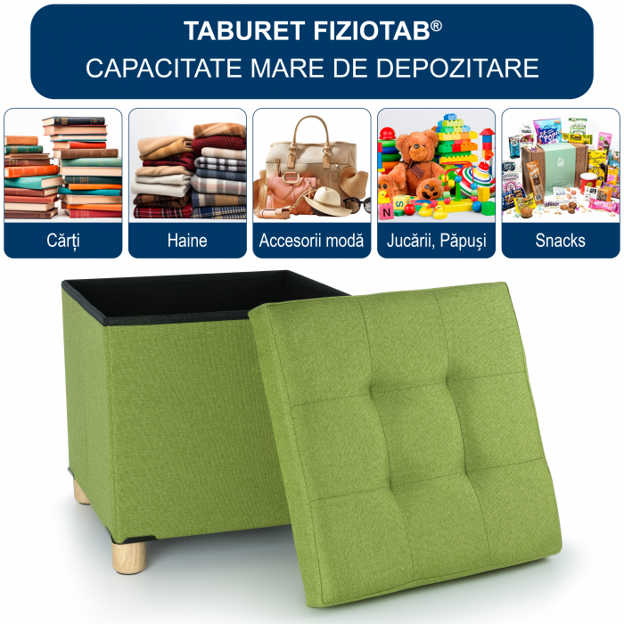 Taburet Pliabil cu Spatiu de Depozitare, FizioTab®, cu Picioare din Lemn Masiv, Cub 38X38X34, Verde [2]