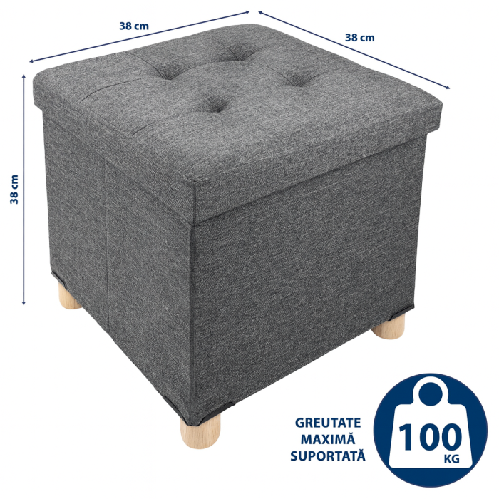 Taburet Pliabil cu Spatiu de Depozitare, FizioTab®, cu Picioare din Lemn Masiv, Cub 38X38X38 cm, Gri [6]