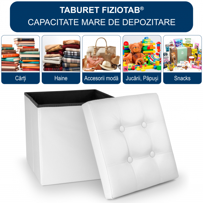 Taburet Pliabil cu Spatiu de Depozitare FizioTab®, Tip Cutie, Otoman, Piele Ecologica, 38X38X38 cm, Alb [2]