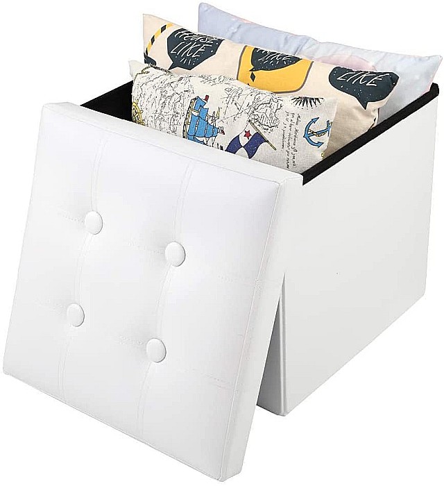 Taburet Pliabil cu Spatiu de Depozitare FizioTab®, Tip Cutie, Otoman, Piele Ecologica, 38X38X38 cm, Alb [11]