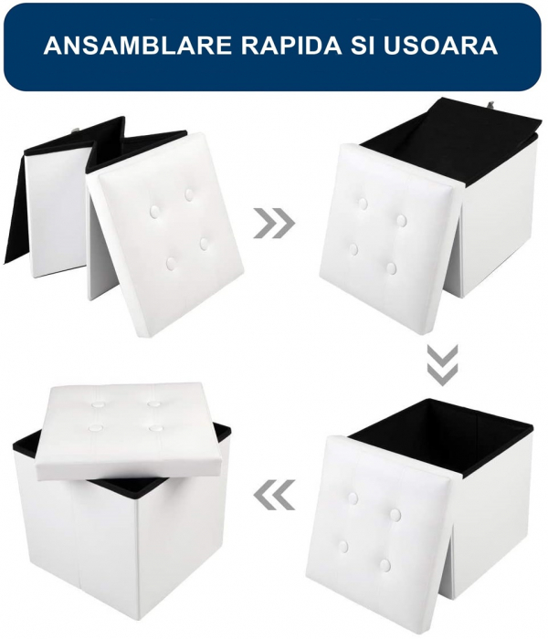 Taburet Pliabil cu Spatiu de Depozitare FizioTab®, Tip Cutie, Otoman, Piele Ecologica, 38X38X38 cm, Alb [8]