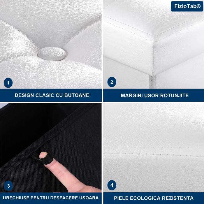 Taburet Pliabil cu Spatiu de Depozitare FizioTab®, Tip Cutie, Otoman, Piele Ecologica, 38X38X38 cm, Alb [5]
