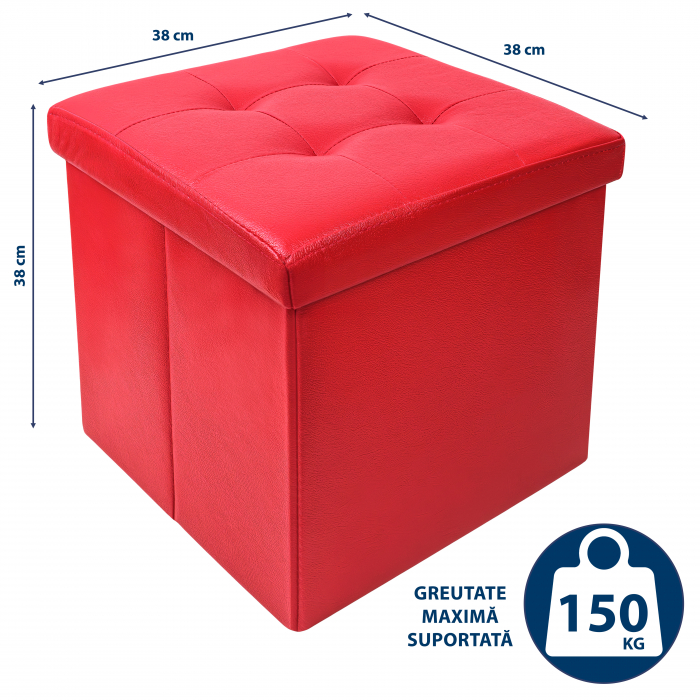 Taburet Pliabil cu Spatiu de Depozitare FizioTab®, Tip Cutie, Otoman, Piele ecologica, Cub 38X38X38 cm, Rosu [4]