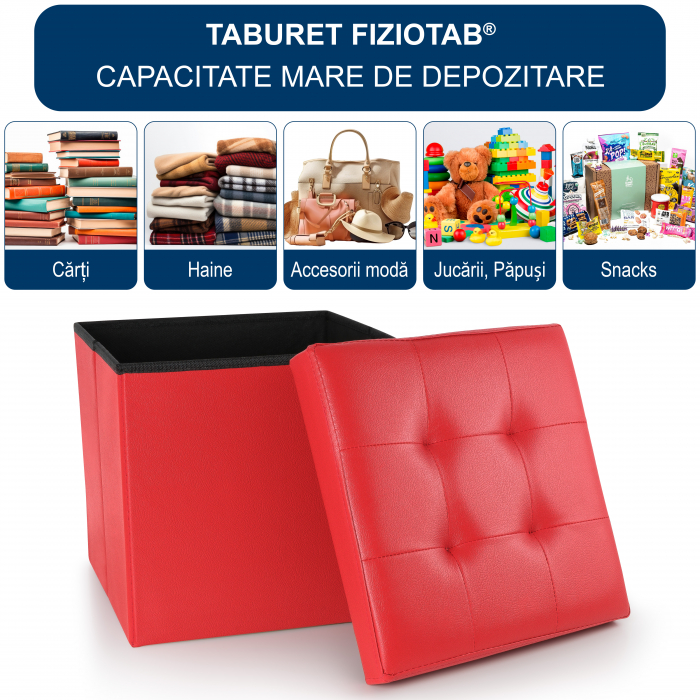 Taburet Pliabil cu Spatiu de Depozitare FizioTab®, Tip Cutie, Otoman, Piele ecologica, Cub 38X38X38 cm, Rosu [2]