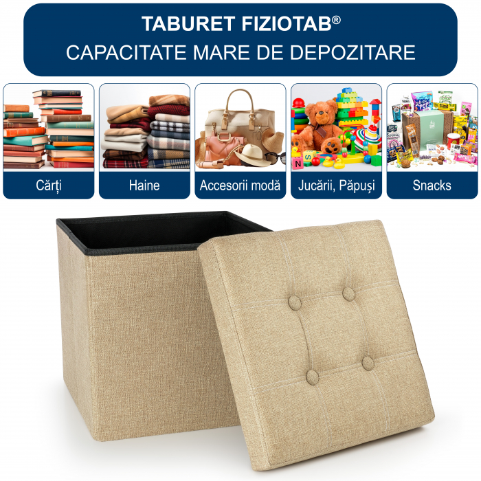 Taburet Pliabil cu Spatiu de Depozitare FizioTab®, Tip Cutie, Cub Textil, 38X38X38 cm, Bej, Cusaturi Albe [2]