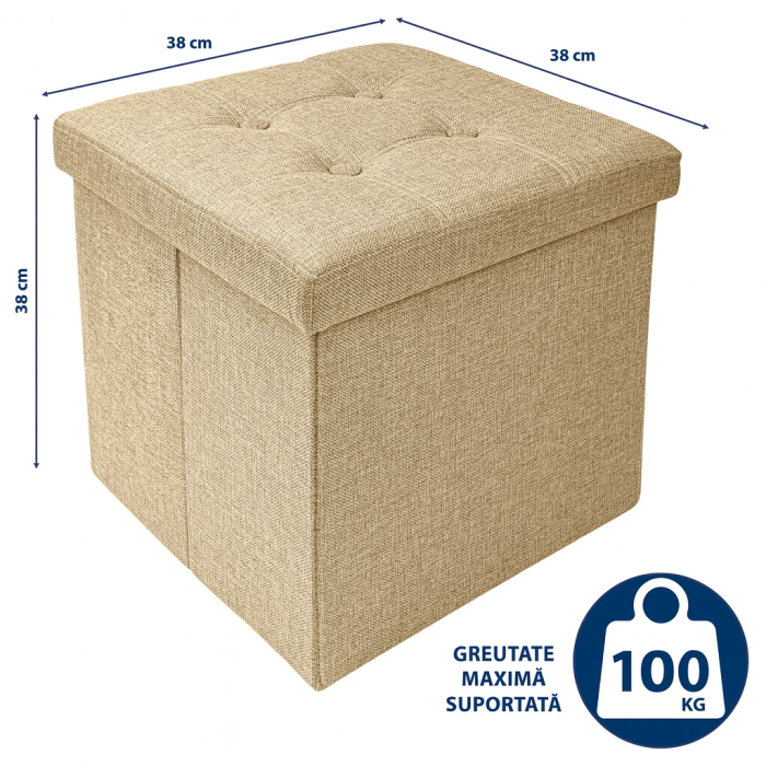 Taburet Pliabil cu Spatiu de Depozitare FizioTab®, Tip Cutie, Cub Textil, 38X38X38 cm, Bej, Cusaturi Albe [4]