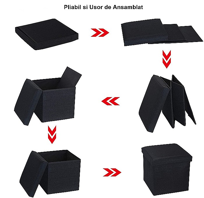 Taburet Pliabil cu Spatiu de Depozitare FizioTab®, Tip Cutie, Cub Textil, 38X38X38 cm, Gri cu Fire Albe [5]