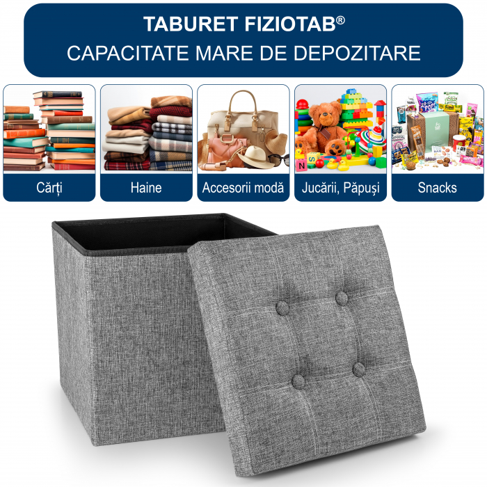 Taburet Pliabil cu Spatiu de Depozitare FizioTab®, Tip Cutie, Cub Textil, 38X38X38 cm, Gri cu Fire Albe [2]