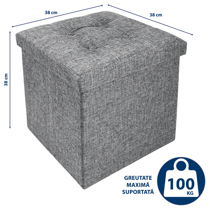 Taburet Pliabil cu Spatiu de Depozitare FizioTab®, Tip Cutie, Cub Textil, 38X38X38 cm, Gri cu Fire Albe [4]