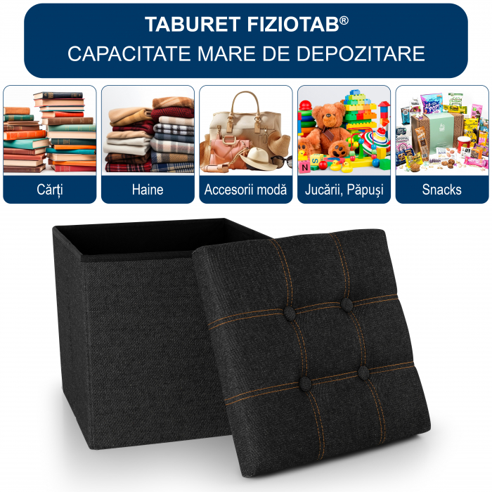 Taburet Pliabil cu Spatiu de Depozitare FizioTab®, Tip Cutie, Cub Textil, 38X38X38 cm, Negru [2]