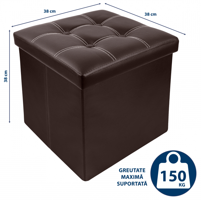 Taburet Pliabil cu Spatiu de Depozitare FizioTab®, Tip Cutie, Otoman, Cub 38X38X38 cm, Piele ecologica, Maro [4]