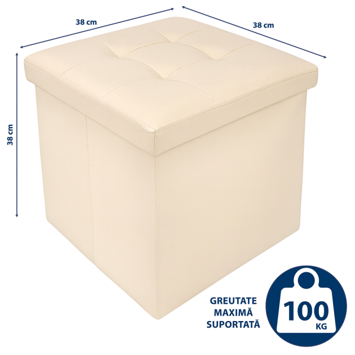 Taburet Pliabil cu Spatiu de Depozitare FizioTab®, Tip Cutie, Otoman, Cub 38X38X38 cm, Piele ecologica, Bej [4]