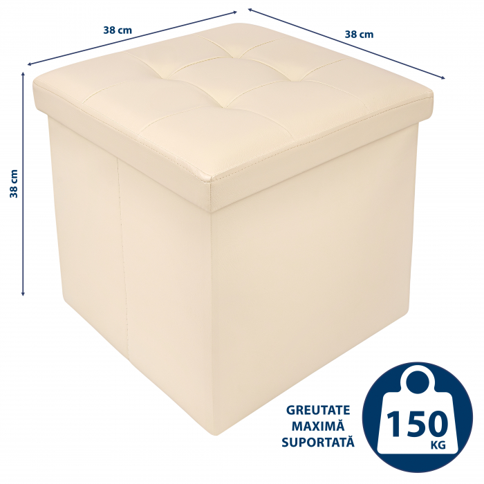 Taburet Pliabil cu Spatiu de Depozitare FizioTab®, Tip Cutie, Otoman, Cub 38X38X38 cm, Piele ecologica, Bej [3]