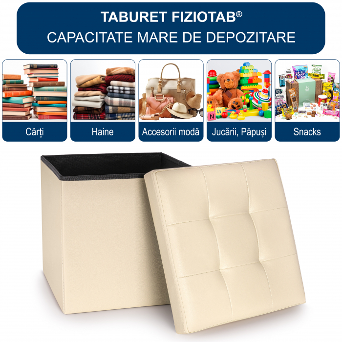 Taburet Pliabil cu Spatiu de Depozitare FizioTab®, Tip Cutie, Otoman, Cub 38X38X38 cm, Piele ecologica, Bej [2]