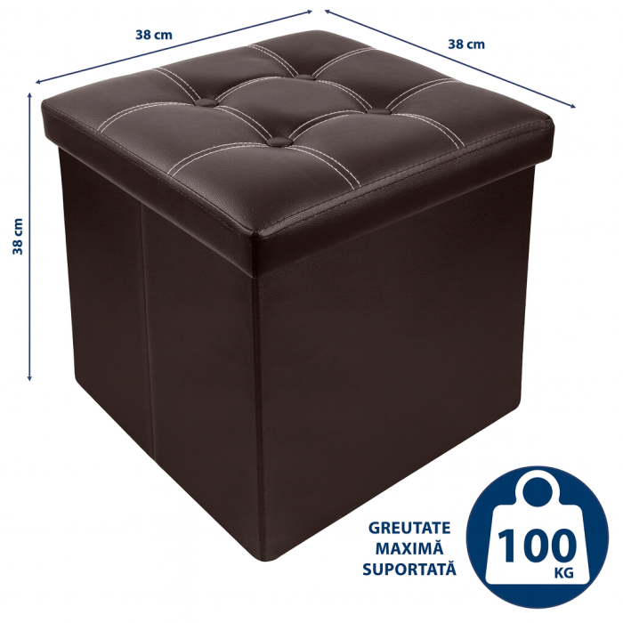 Taburet Pliabil cu Spatiu de Depozitare FizioTab®, Tip Cutie, Otoman, Cub 38X38X38 cm, Piele ecologica, Maro [6]