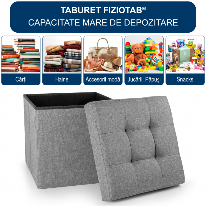 Taburet Pliabil cu Spatiu de Depozitare FizioTab®, Tip Cutie, Otoman, Culoare Gri, Textil 38X38X38 cm [2]