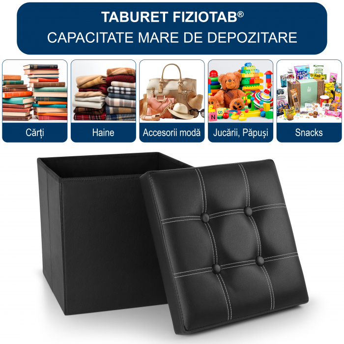 Taburet Pliabil cu Spatiu de Depozitare FizioTab®, Tip Cutie, Otoman, Piele ecologica, 38X38X38 cm, Negru, Cusaturi Albe [2]