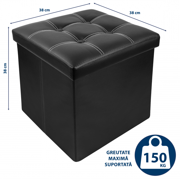 Taburet Pliabil cu Spatiu de Depozitare FizioTab®, Tip Cutie, Otoman, Piele ecologica, 38X38X38 cm, Negru, Cusaturi Albe [4]