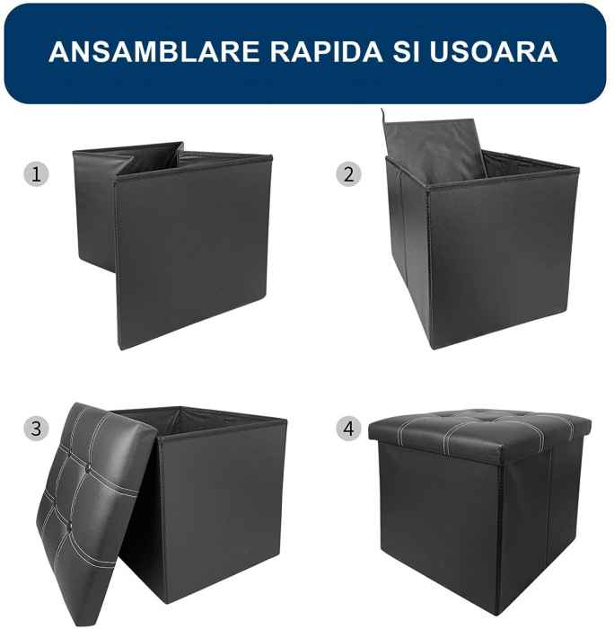 Taburet Pliabil cu Spatiu de Depozitare FizioTab®, Tip Cutie, Otoman, Piele ecologica, 38X38X38 cm, Negru, Cusaturi Albe [8]