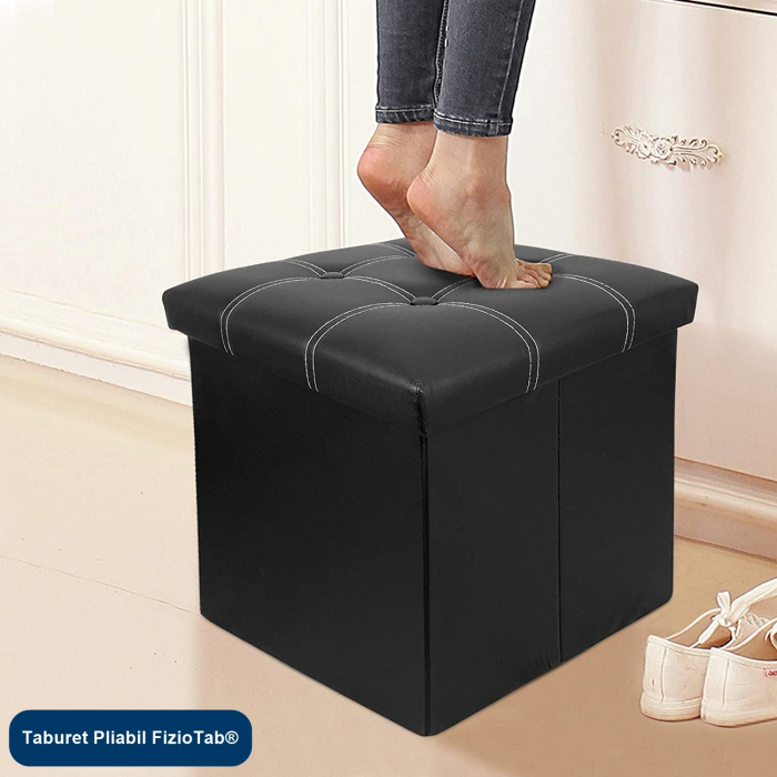 Taburet Pliabil cu Spatiu de Depozitare FizioTab®, Tip Cutie, Otoman, Piele ecologica, 38X38X38 cm, Negru, Cusaturi Albe [7]
